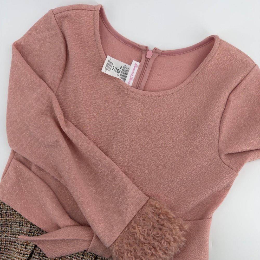 Bonnie Jean Girls Pink Shimmer Tweed Dress Faux Fur Cuffs Size 14